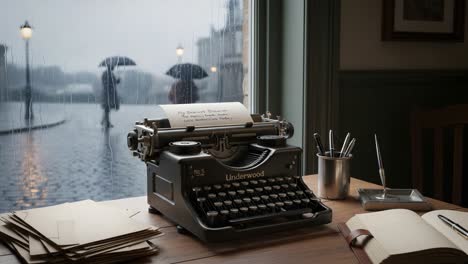 capturing the essence of writing: an underwood typewriter on a rainy day, evoking nostalgia and the creative process as the world goes by outside