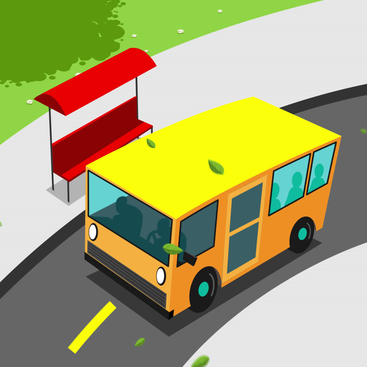 Keltainen bussi puiston bussipysäkillä