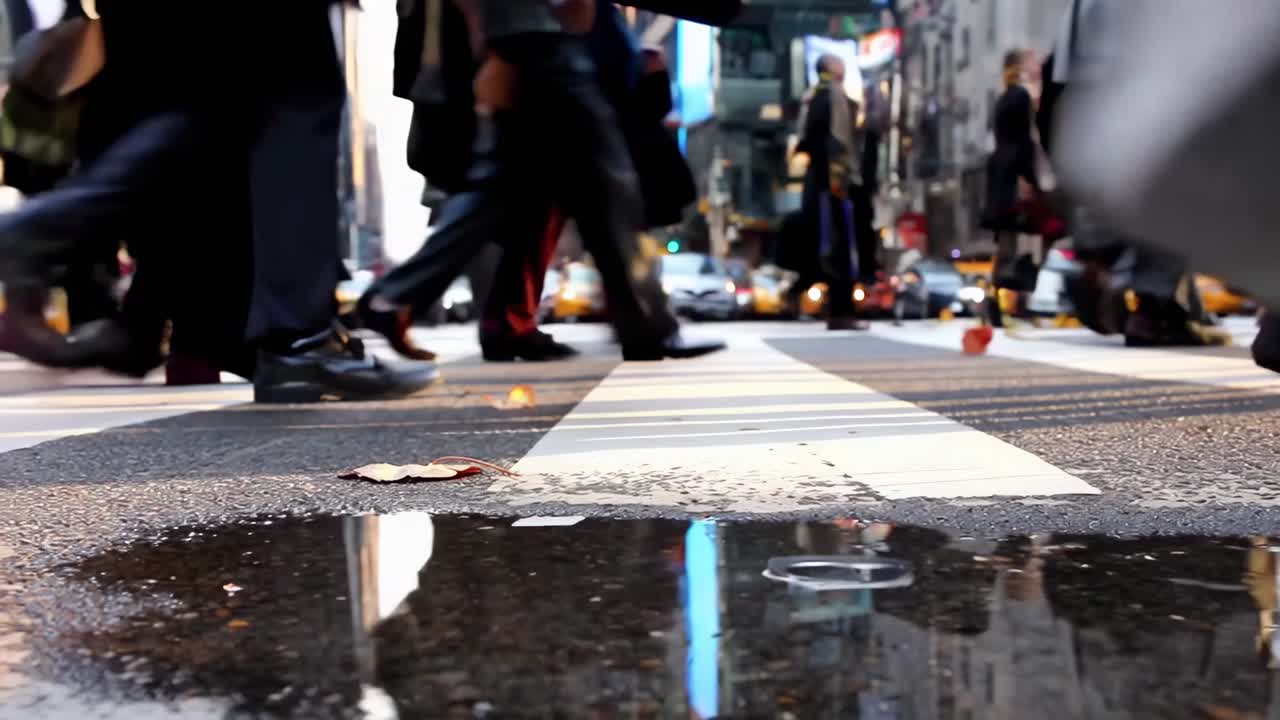 Low-angle video of busy crosswalk, capturing motion and reflections on wet pavement