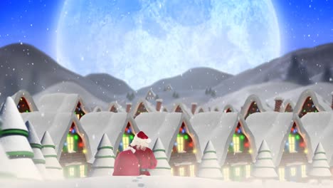 Santa-clause-in-front-of-decorated-houses-combined-with-falling-snow