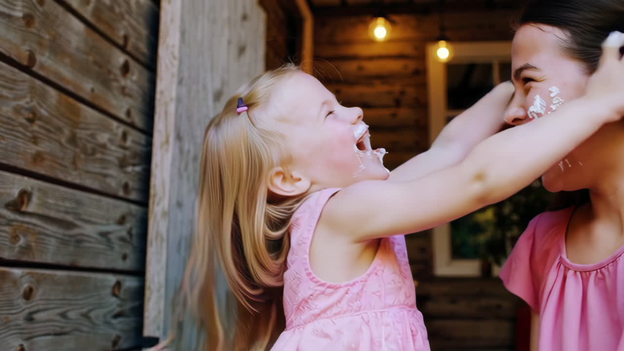 Happy mother and daughter having messy fun with cake