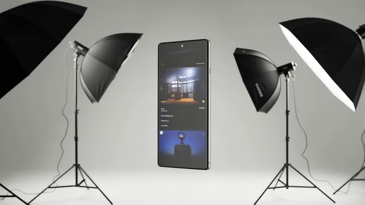 Product photography of smartphone and camera in studio setting