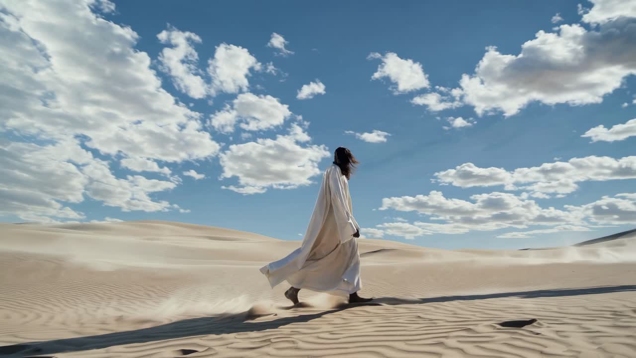 A person in flowing white attire walks across vast sand dunes under a blue sky
