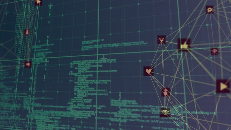 Animation of data processing, network of connections with icons globe and grid