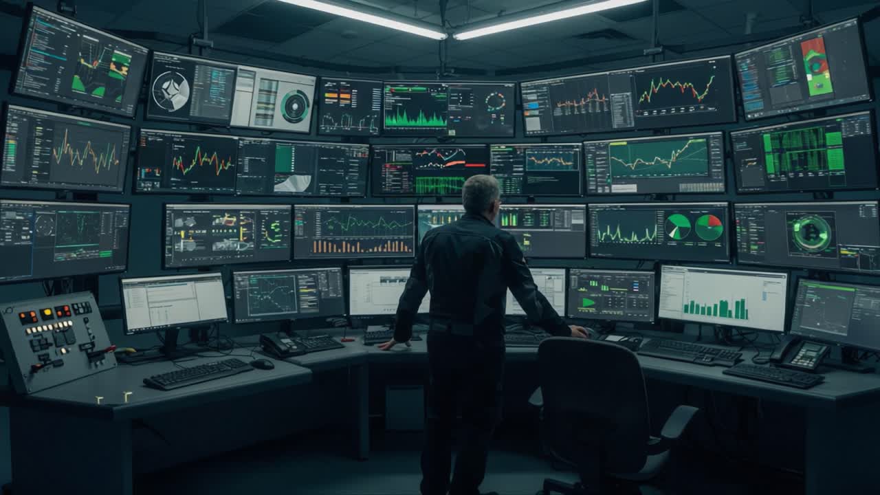 A Complex Control Room Featuring Multiple Dynamic Displays and Data Analytics in Action, Showcasing the Modern Integration of Technology and Monitoring Systems