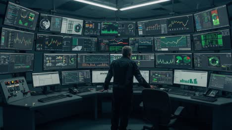a complex control room featuring multiple dynamic displays and data analytics in action, showcasing the modern integration of technology and monitoring systems