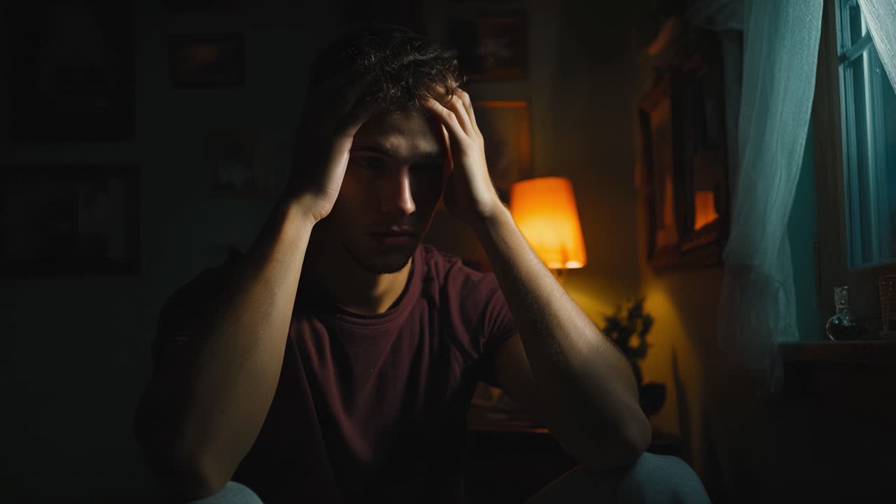 A young man seated in a dimly lit room, expressing deep contemplation, with an illuminated lamp casting shadows, reflecting an introspective mood and emotional struggle