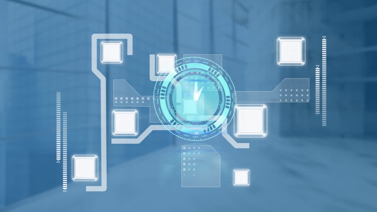 animación de un reloj en movimiento sobre un circuito integrado y un fondo azul