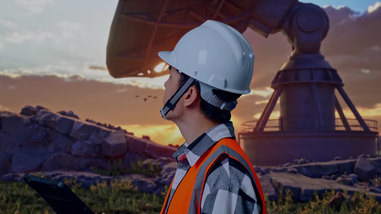 Close Up Side View Of Asian Male Engineer With Safety Helmet Looking At The Tablet In His Hand And Looking Around While Standing With Large Satellite Dish