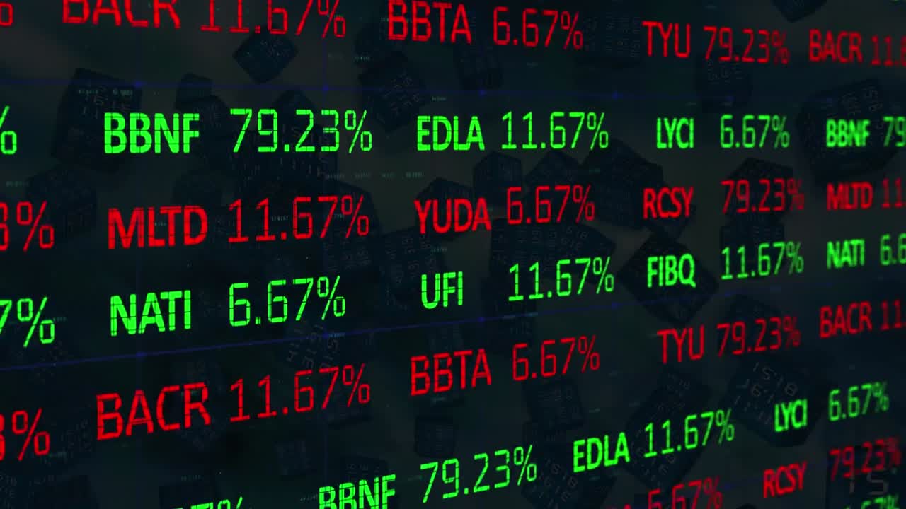 Animazione di un tabellone di trading in movimento su sfondo di cubi fluttuanti e luce blu illuminata