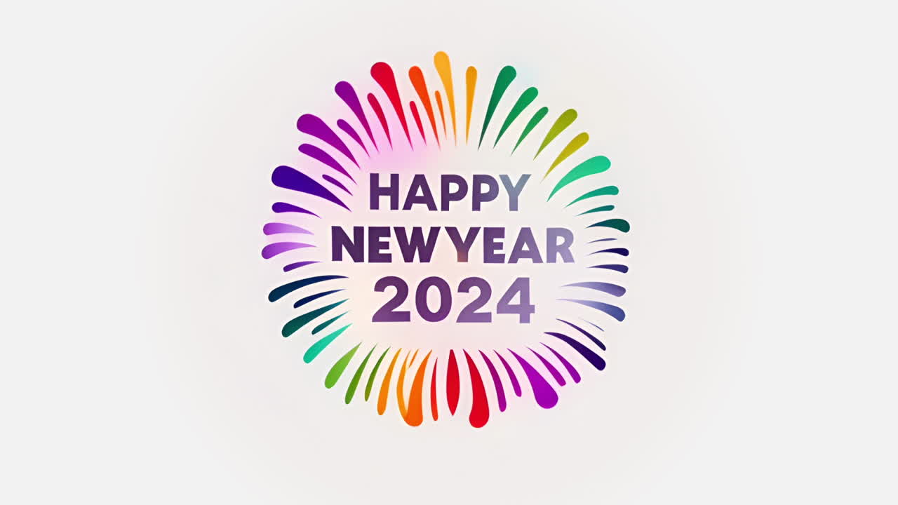 cinemagraph de feliz año nuevo 2024 texto en gris con anillo de salpicaduras coloridas sobre fondo blanco