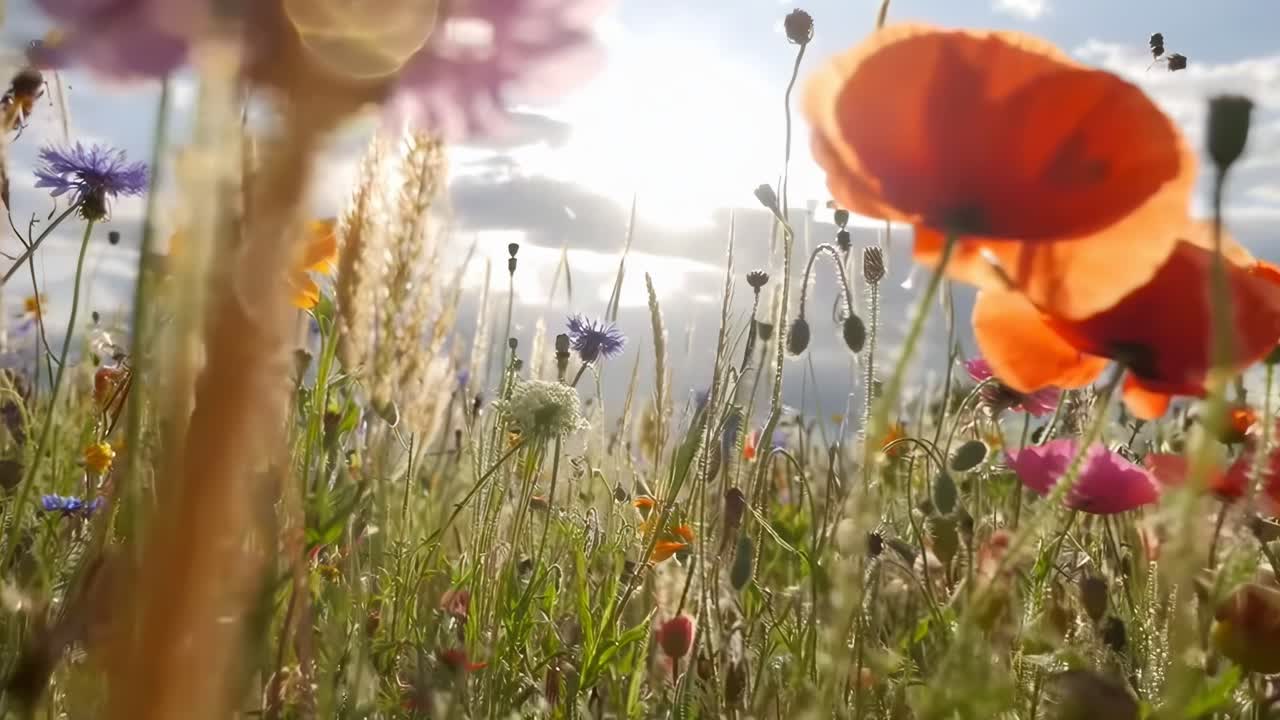 Low-angle video of a vibrant wildflower meadow, capturing sunlight and a dreamy atmosphere