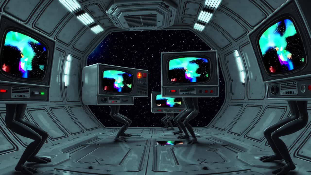 Retro TVs Dancing in a Futuristic Spaceship