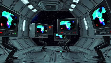 retro tvs dancing in a futuristic spaceship