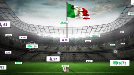 waving mexican flag topping center pitch, showing ball with floating chat, thumbs-up and user icons