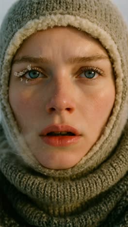 close up of a woman wearing a knitted hood and scarf, her eyelashes covered in frost, braving the cold winter weather with a resilient gaze