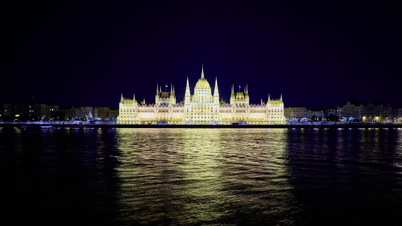 Budapest historic parliament building at night, timelapse, Hungary