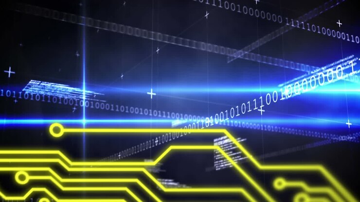 Animation of binary coding, data processing over processor circuit board