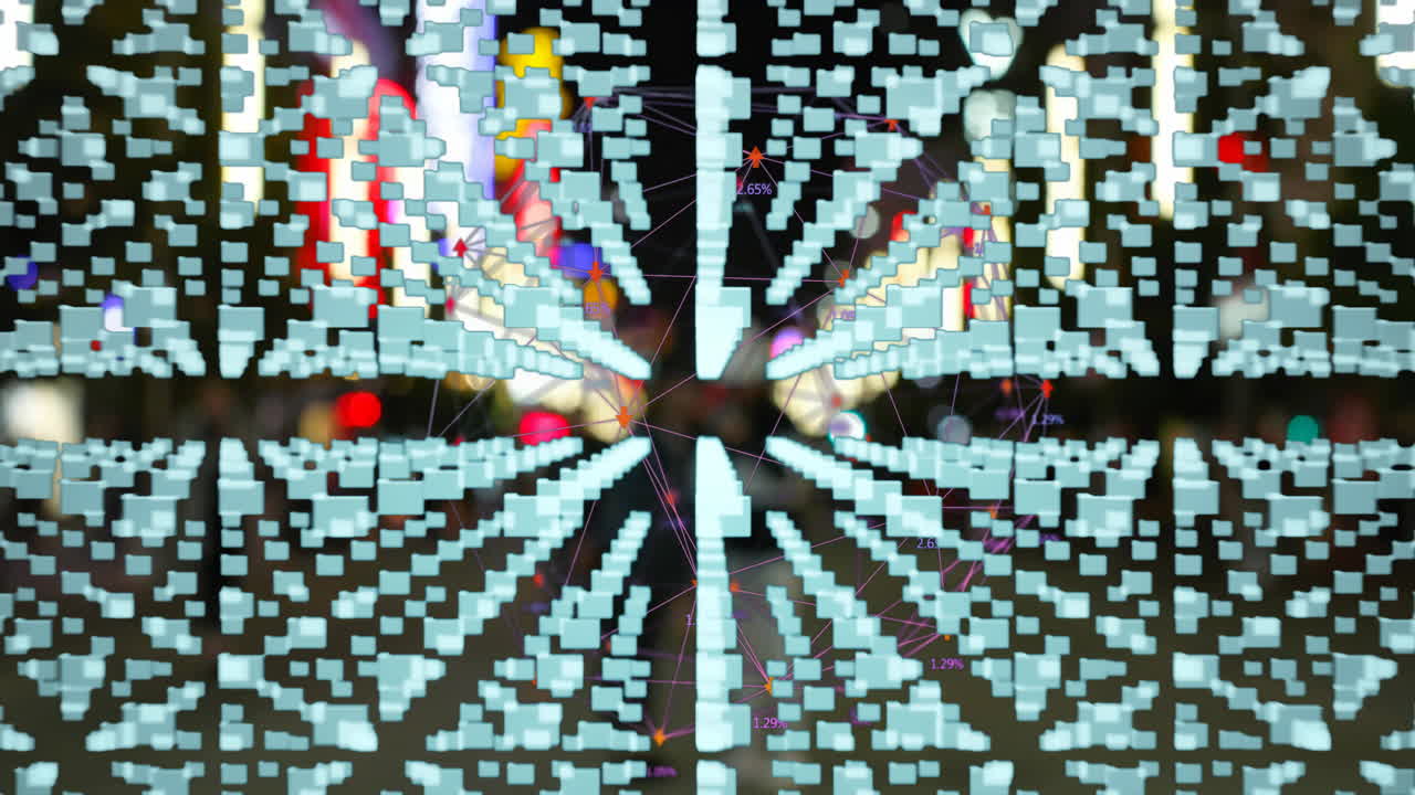 Animation of abstract digital data blocks radiating on colorful background