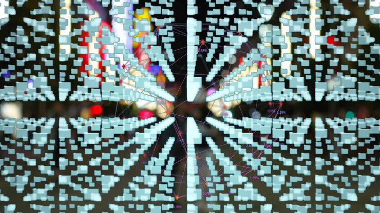 Animation af abstrakte digitale datablokke, der udstråler på farverig baggrund