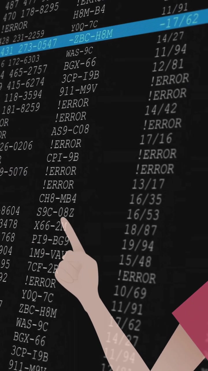 Animation of character pointing at school data screen with error messages