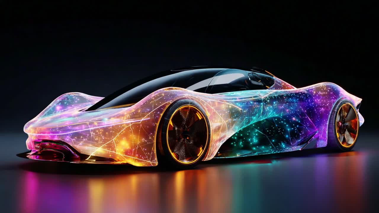 A Stunning Display of Futuristic Automotive Design: A Sleek, Colorful Car Featuring a Captivating Cosmic Pattern that Blends Art and Engineering into a Mesmerizing Vehicle