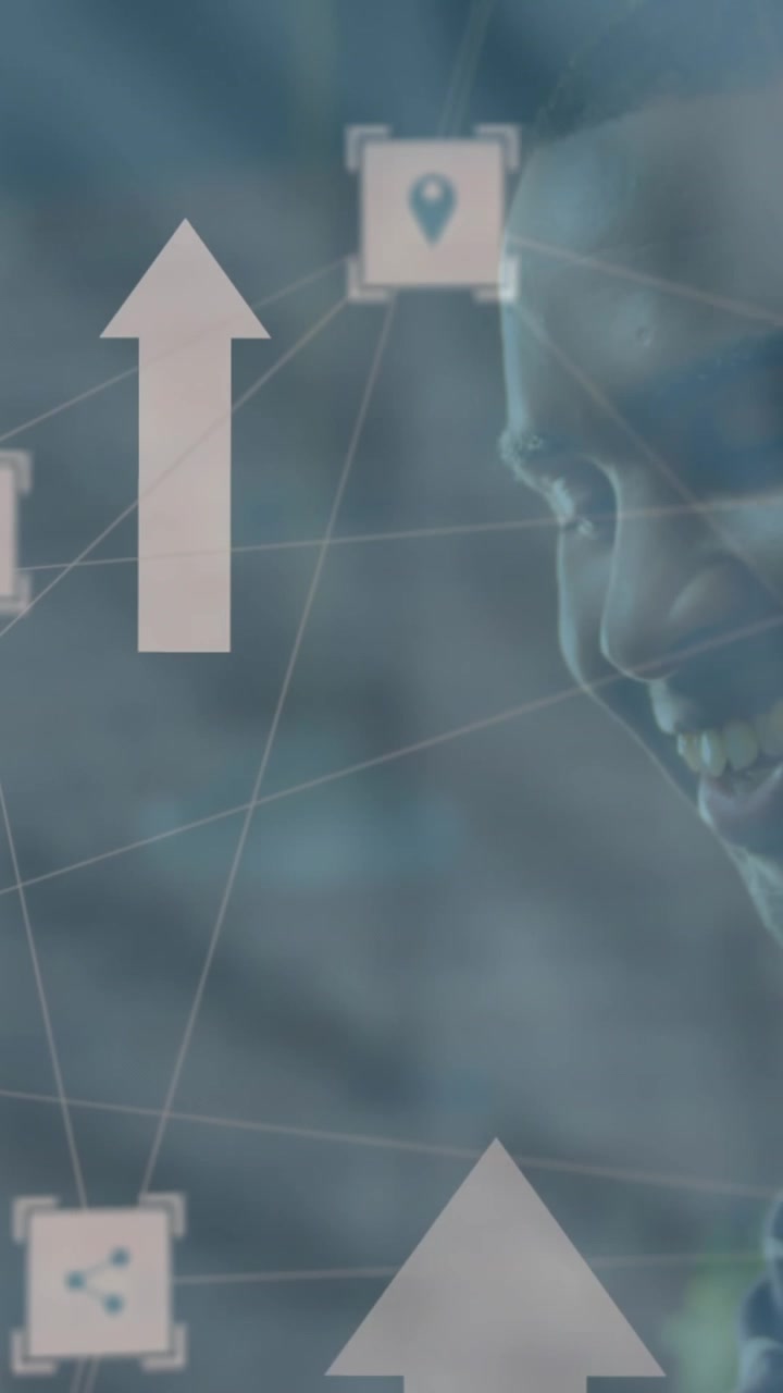 Animation of up arrows and connected icons over smiling african american man using smartphone