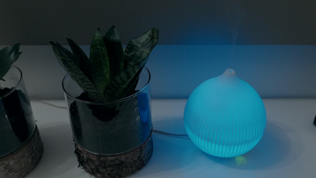 air diffuser glowing blue with visible vapor next to potted plant