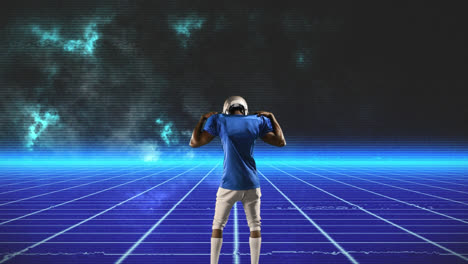 animation of american football player in helmet warming up before game over glowing blue grid