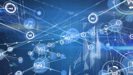 Animation-of-connected-icons,-dots-forming-shapes,-lens-flares,-circuit-board-pattern