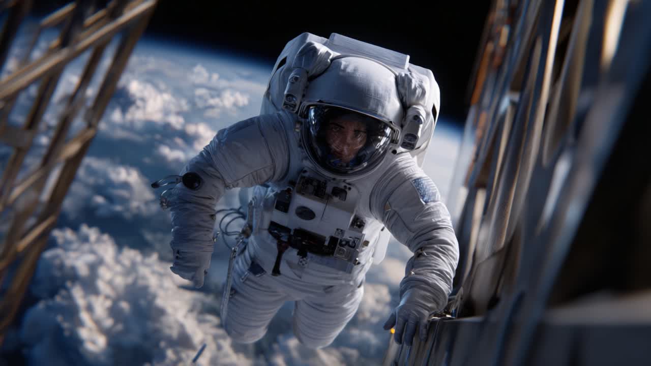 An Astronaut Floating in Space: Captivating View of Spacewalk Near the Space Station with Earth Visible in the Background, Showcasing Human Exploration Beyond Our Planet