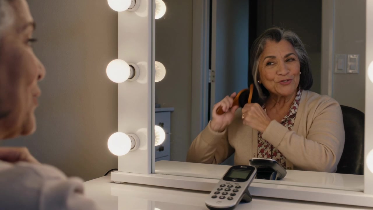 Lifting wooden brush, senior Hispanic woman brushing gray hair at lighted mirror, telephone nearby