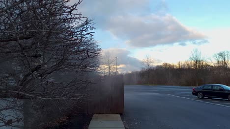 Static-shot-of-smoke-coming-out-of-a-backyard-with-a-car-parked-in-the-background-during-evening-time