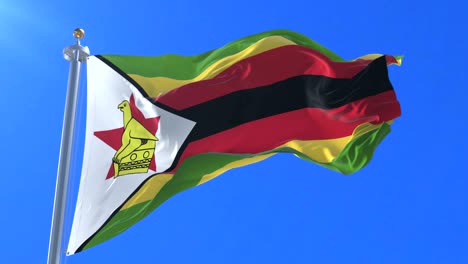 la bandera de zimbabue ondeando en el viento lentamente con el cielo azul, bucle