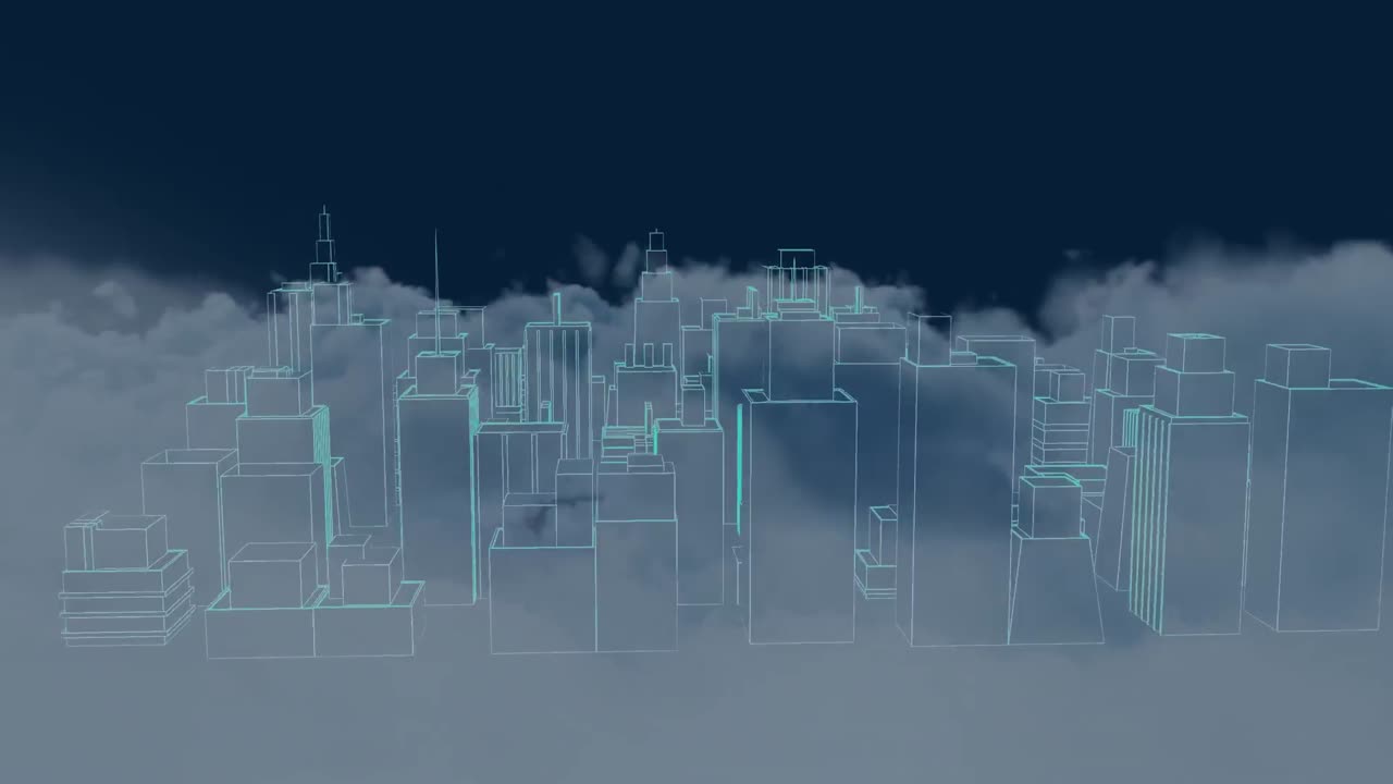 Animation of 3d model of modern cityscape over puffy clouds against abstract background