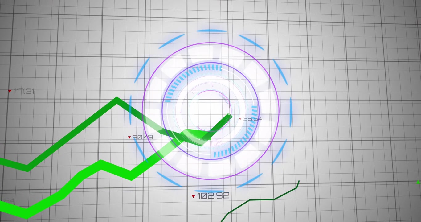 Animazione di una linea verde in elaborazione con statistiche sovrapposte a un orologio.