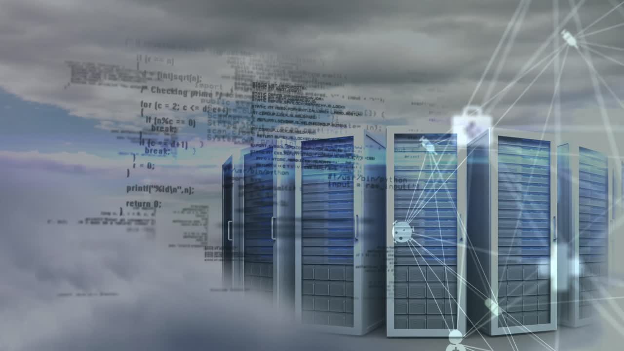 Animation of data processing and network of connections over server room