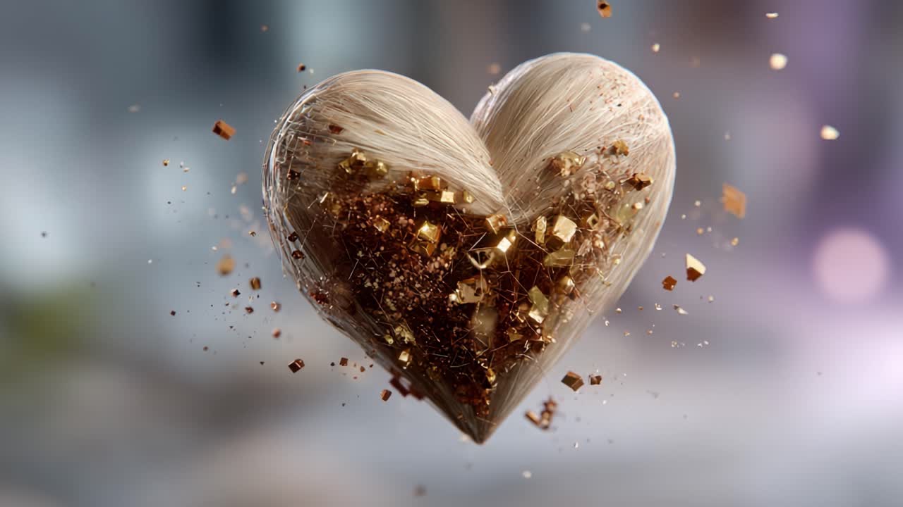 Un cuore fluttuante ipnotico, pieno di polvere e frammenti dorati, che irradia bellezza ed emozione, catturando lo spettatore con i suoi dettagli e le sue texture intricate