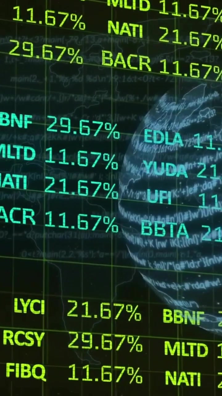 Animation of financial data processing over globe on dark background