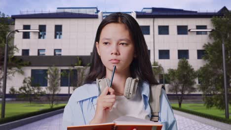 close up of asian teen girl student with a backpack taking note on notebook and thinking while standing in front of a school building