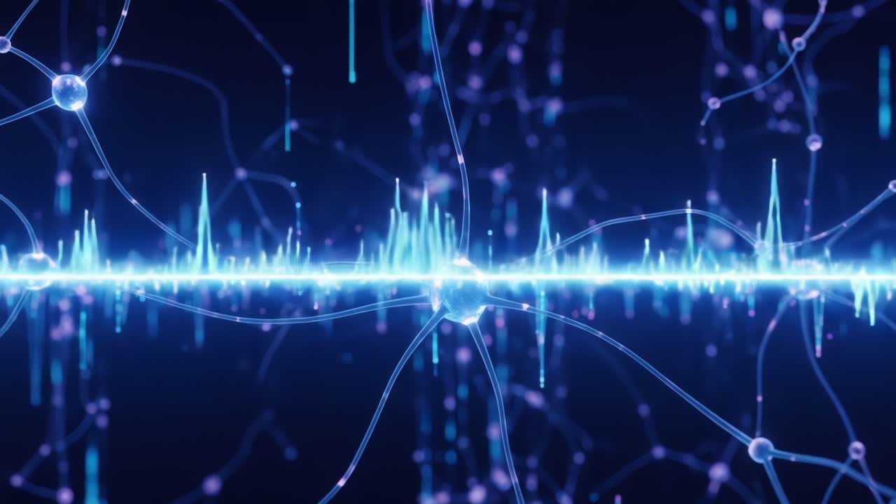Visual Representation of Digital Data Flow: Exploring the Interconnectedness of Nodes in a High-Tech Network with Vibrant Blue Waves and Illuminated Particles