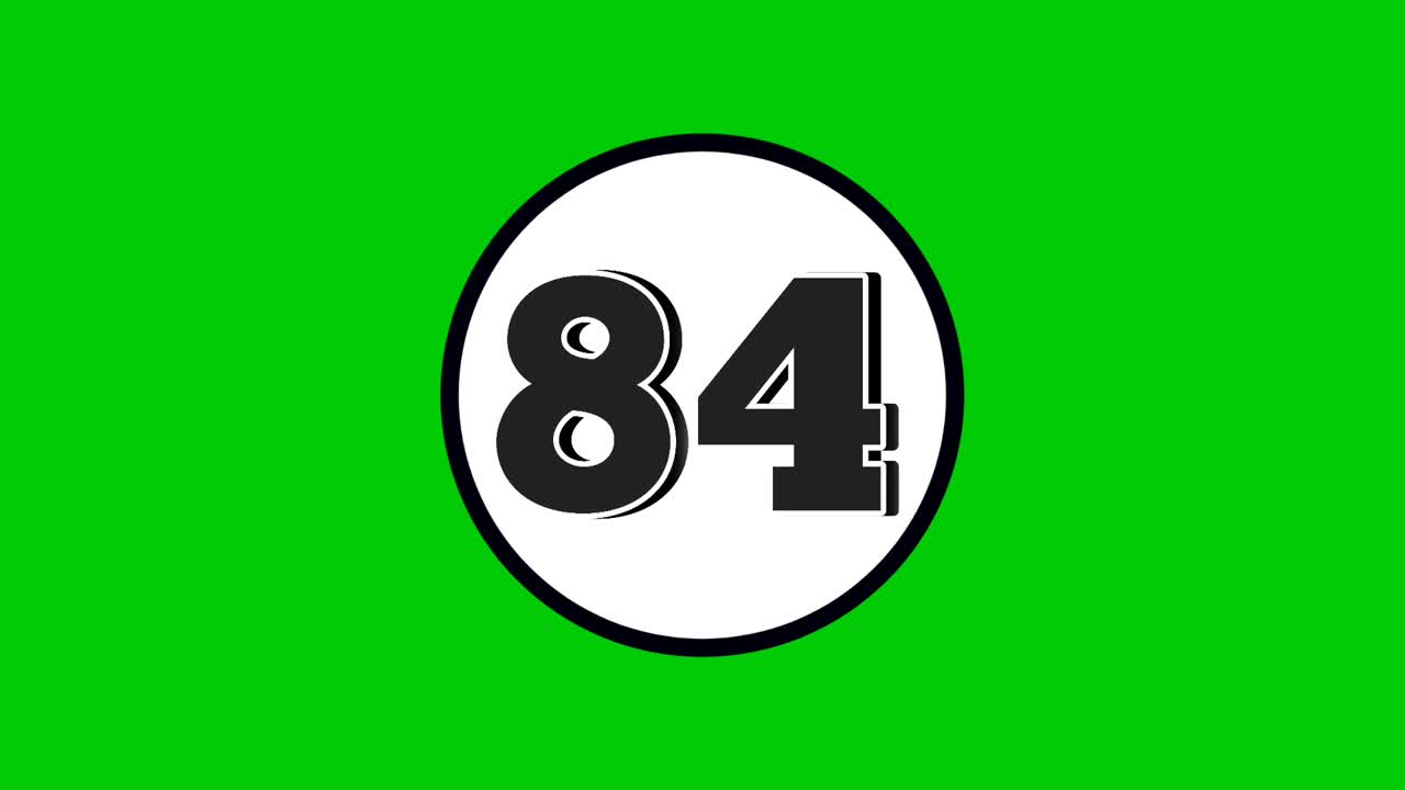 Number 84 symbol sign animation motion graphics cartoon black color on green screen background.numbers in white circle suitable for video elements