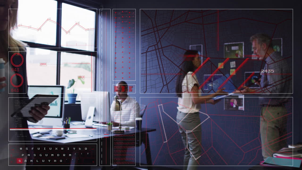 Business team collaborating in office with data analytics animation over workspace