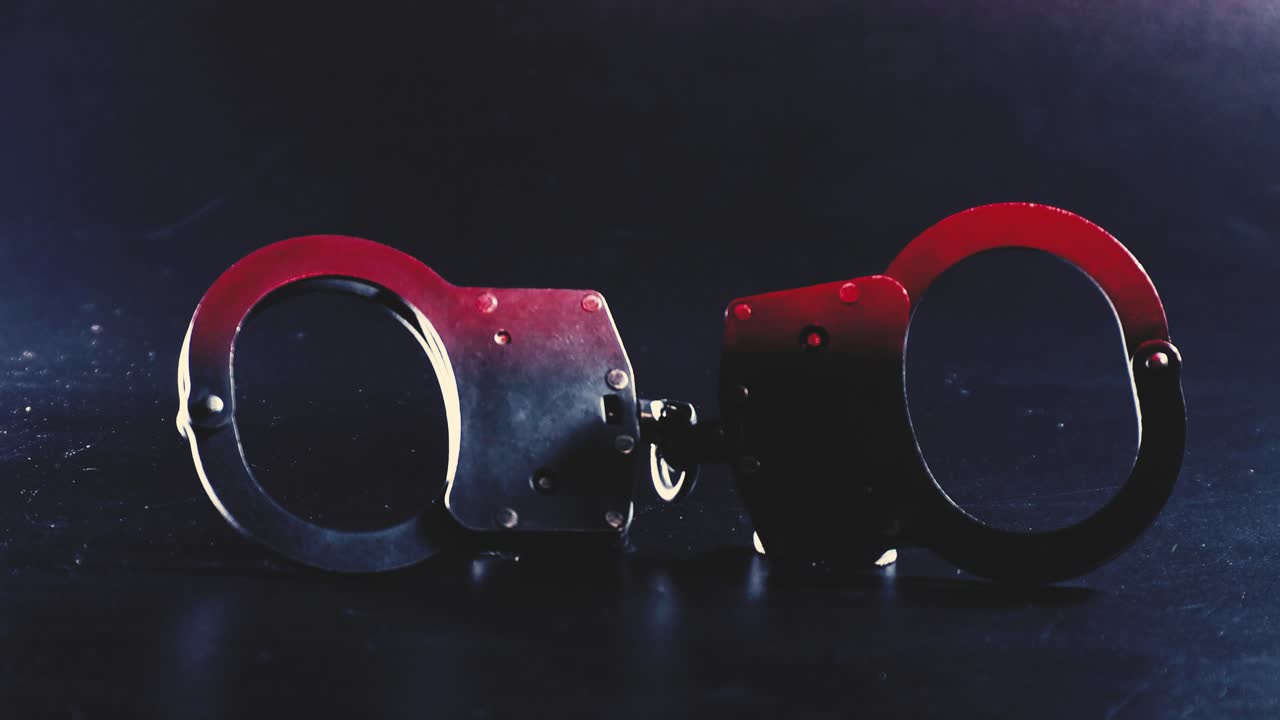 Un paio di manette di metallo su una superficie scura, circondate da illuminazione blu e fumo, che simboleggiano le forze dell'ordine, l'arresto o temi legati alla criminalità