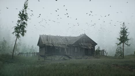 an old abandoned hut standing in the woods during high winds. mystical magic atmosphere. spooky fairytale forest concept. the looped animation is perfect for scary, fantasy and halloween backgrounds.