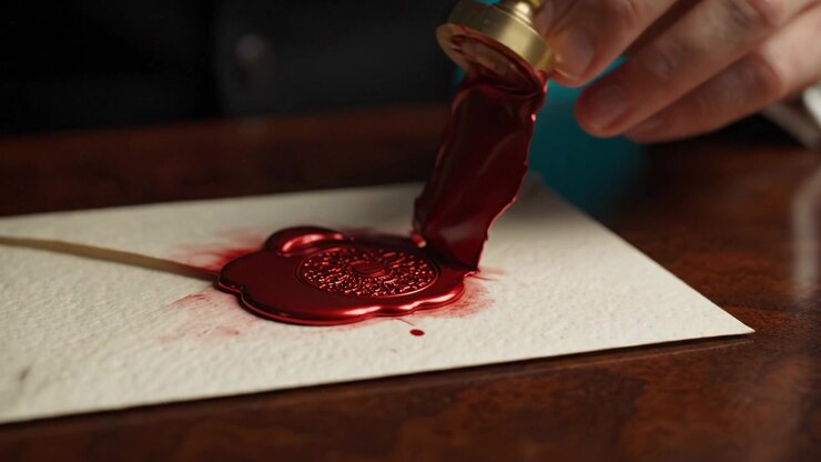 Un Processo Intricato di Sigillatura di una Lettera con Ceralacca, con una Mano che Applica un Sigillo per Creare un'Impressione di Ceralacca Autentica e Suggestiva di Colore Rosso