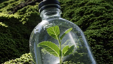 plant growing inside a glass bottle on moss