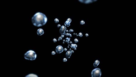 volando muchas gotas de agua en fondo negro. gotas puras. superficie transparente. animación 3d de burbujas de aire girando. animación de bucle.
