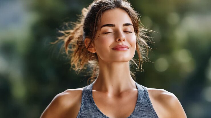 Un sereno momento di calma: Una giovane donna che pratica la consapevolezza nella natura, abbracciando pace e relax con un'espressione gioiosa in un contesto tranquillo