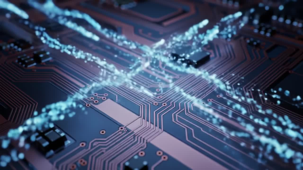 Dynamic Flow of Data Across a High-Tech Circuit Board Illustrating Electronic Connectivity and Innovation in Modern Technology